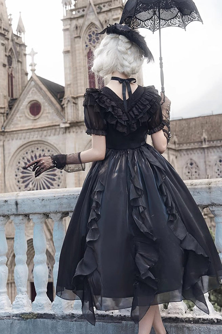 Lace-Trim Puff-Sleeve Gothic Lolita Dress