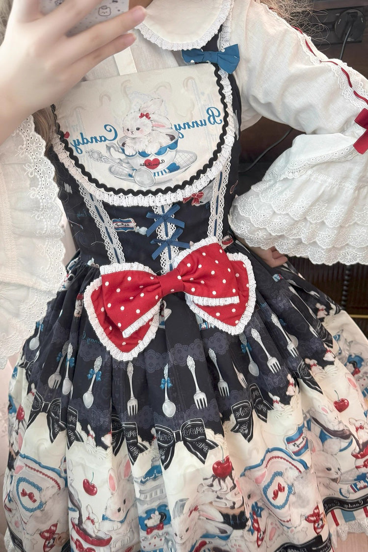 Sleeveless Print Ruffle Bowknot Lace Sweet Lolita Jsk Dress Black