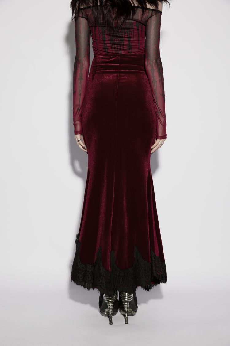 Scarlet Lace Velvet Pleated Gothic Mermaid Skirt