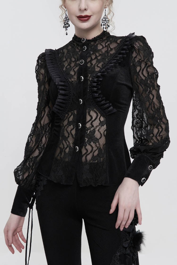 Charcoal Velvet High-Neck Lace Gothic Shirt with Butterfly Embroidery