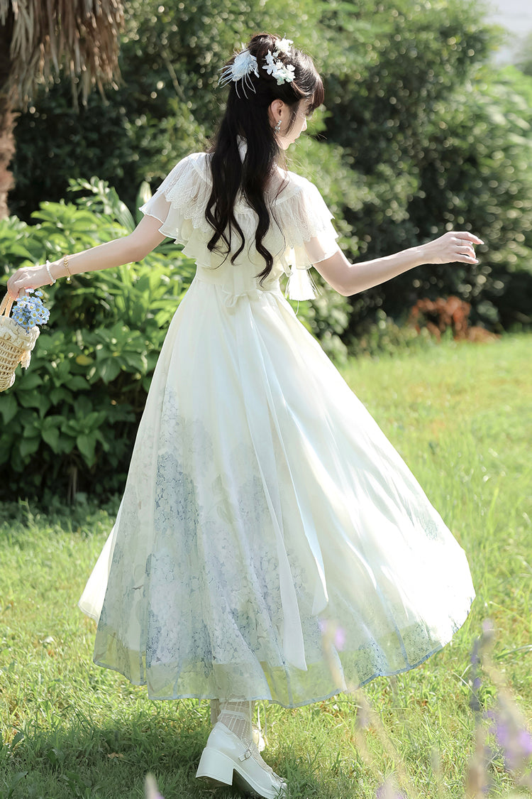 Ivory Print Ruffle Lace Chinese Elegant Dress