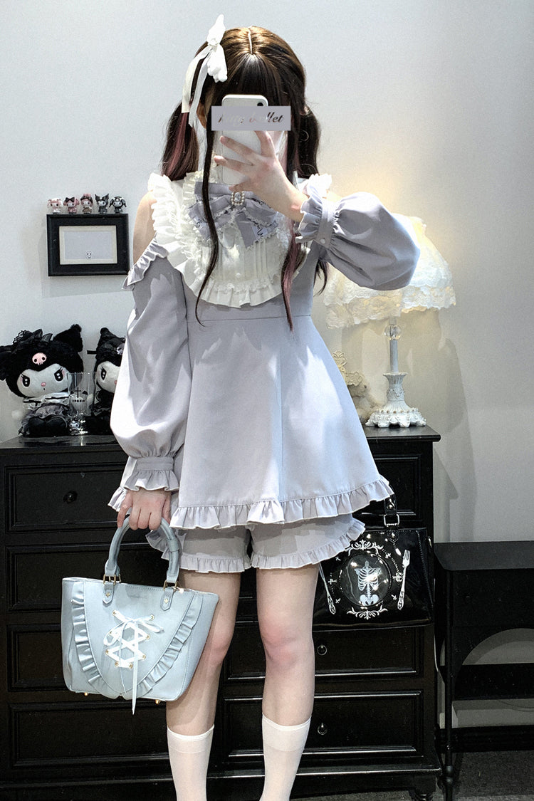 Light Blue [Rose Princess] Off Shoulder Long Sleeve Ruffle Bowknot Gothic Jirai Kei Gown