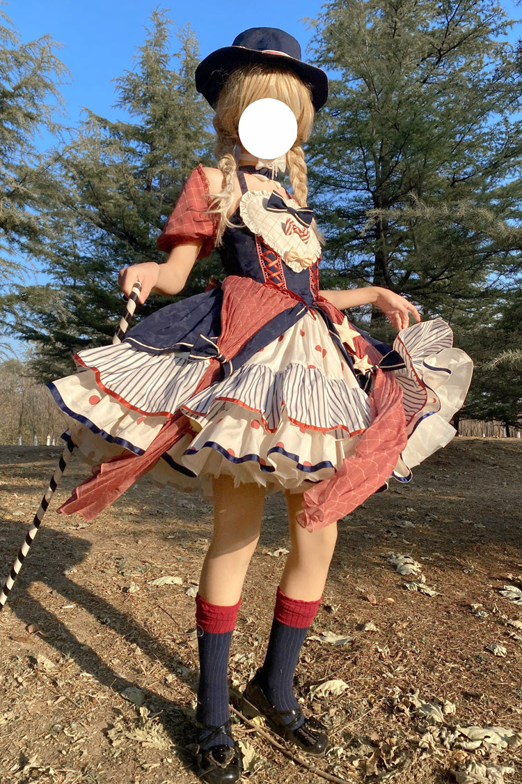 Multicolor Circus Print Puff-Sleeved Lolita Dress with Bow Accents