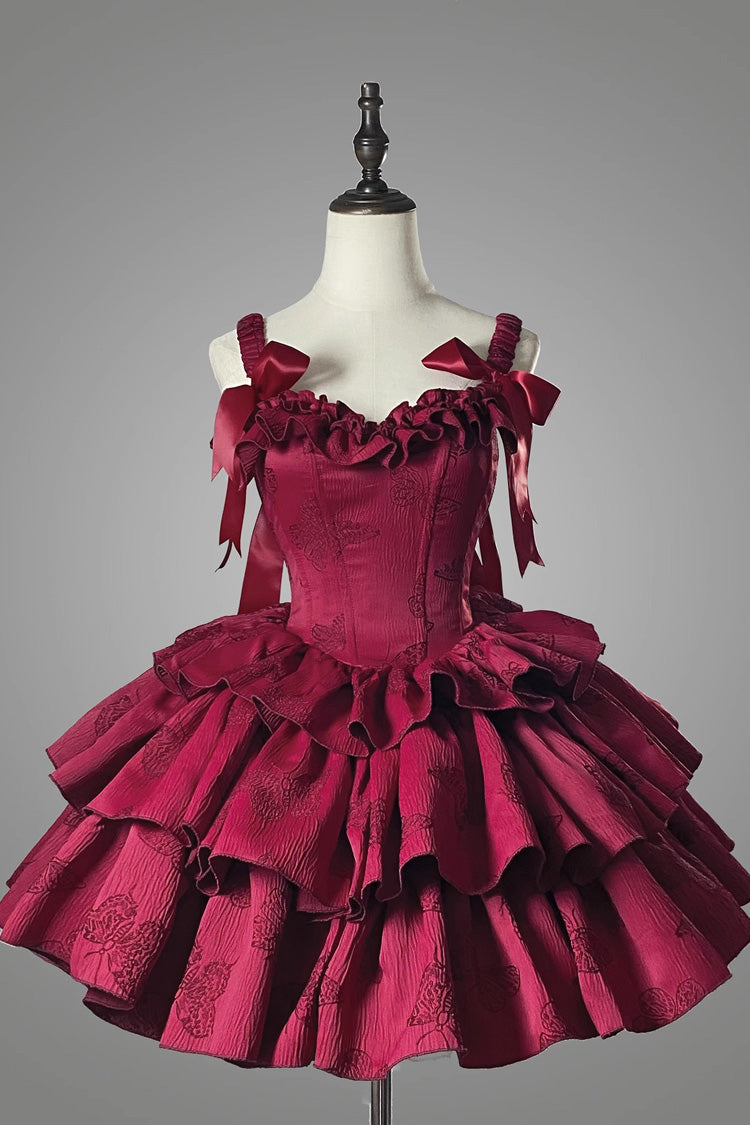 Wine Red Sleeveless Multi-Layer Ruffle Bowknot Fish Bone Gothic Lolita Jsk Dress