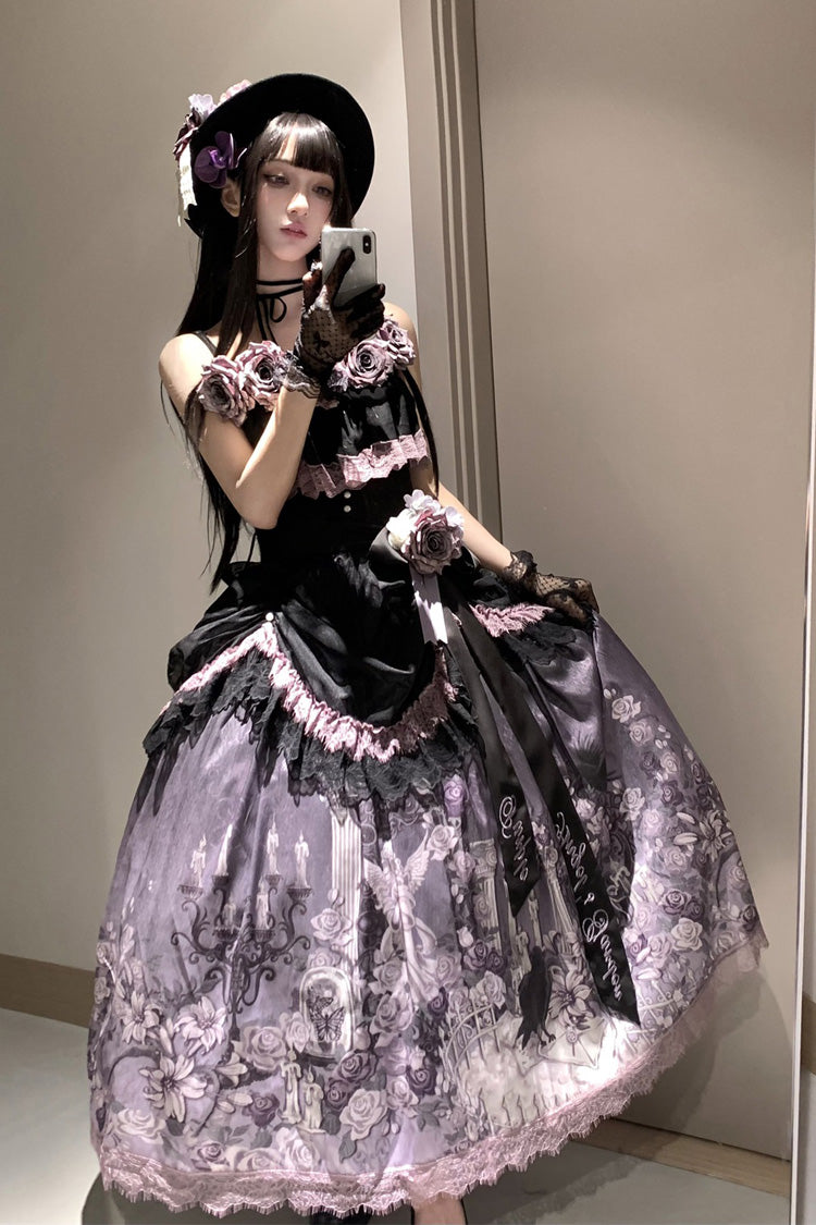 Angel Garden Black Purple Sleeveless Print Ruffle Bowknot Lace Sweet Gothic Skirt Set