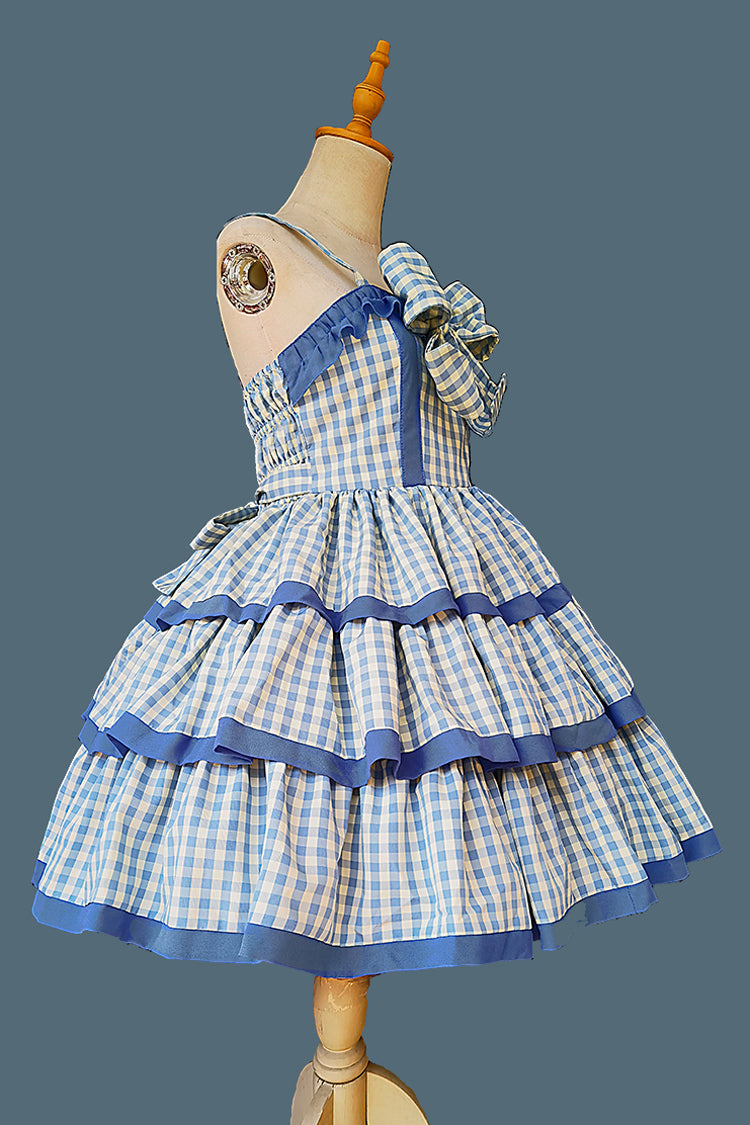 Blue Triple-Layered Plaid Ruffle Bow Sweet Lolita Dress