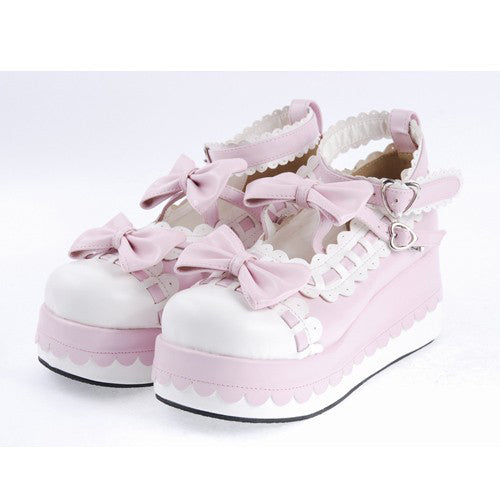 Rose Faux Leather Rounded Toe Ankle Strap Bow Decor Platform Lolita Footwear
