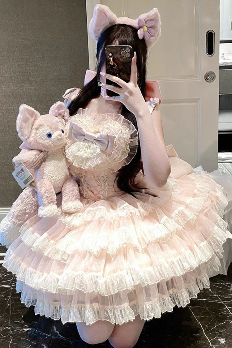 Pink Multi Layer Bow Lace Sweet Princess Jsk