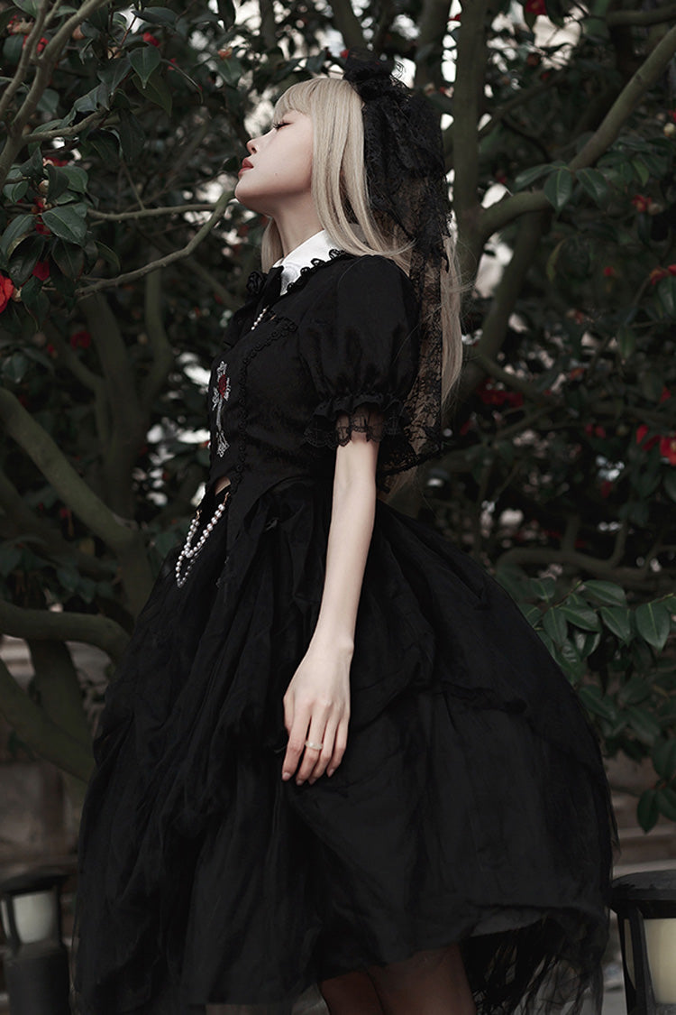 Embroidered Cutout Lolita Dress Set with Short Sleeves in Black