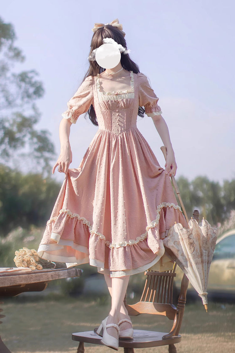Pink Square-Neck Puff-Sleeve Ruffle-Embroidered Chic Sweet Jumper Dress