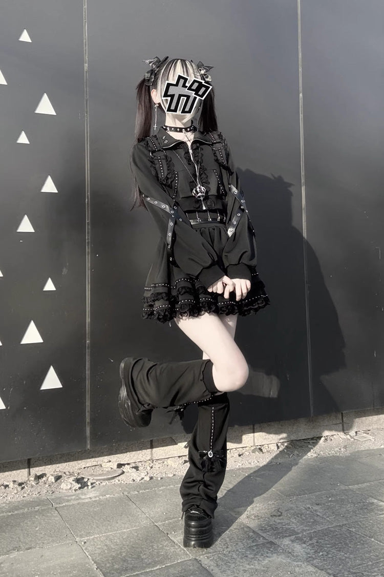 Black Gothic Ruffle Lace Zip Skirt Ensemble Jirai Kei
