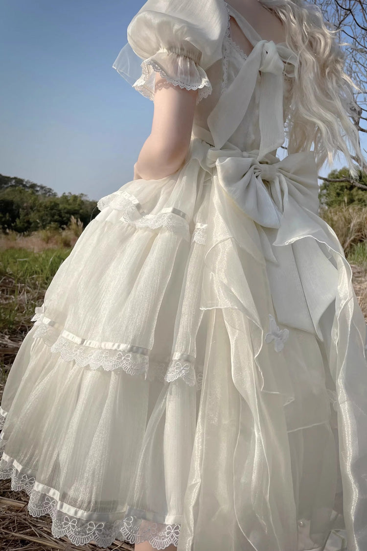 Ivory Square Neck Short Sleeve High-Waist Multi-Layer Ruffle Plus Size Lolita Dress
