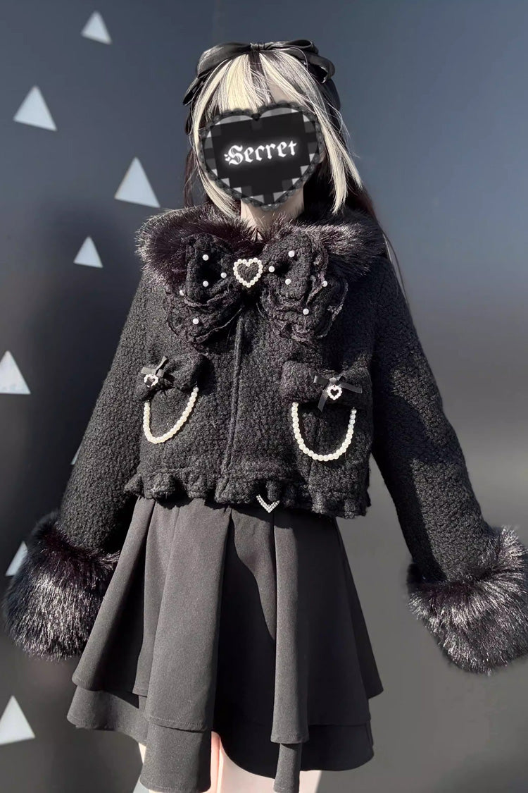 Black Bow-Trimmed Wool-Blend Gothic Jirai Kei Short Jacket
