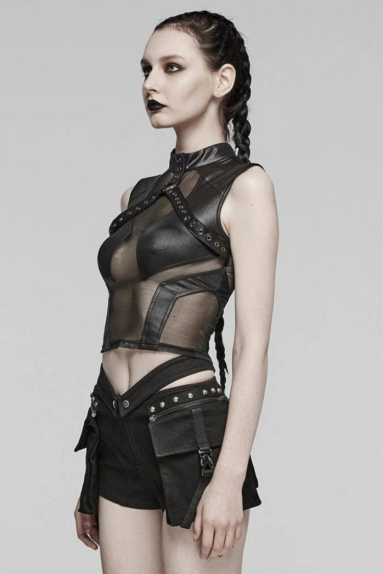 Pitch-Black Sheer Vest with Leather Stitch Details