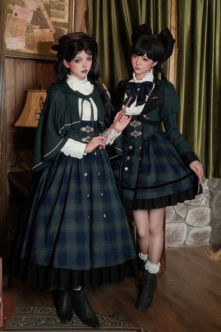 Blue Green Berlin Letter Double-Layered Plaid Print Ruffle Bowknot Classic College Style Lolita Strap Dress Set
