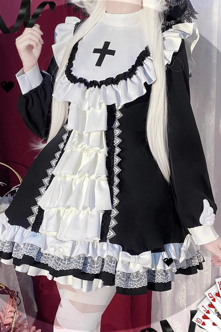 White/Black Long Sleeves Cross Print Nun Style Ruffle Multi-Layer Gothic Lolita Dress