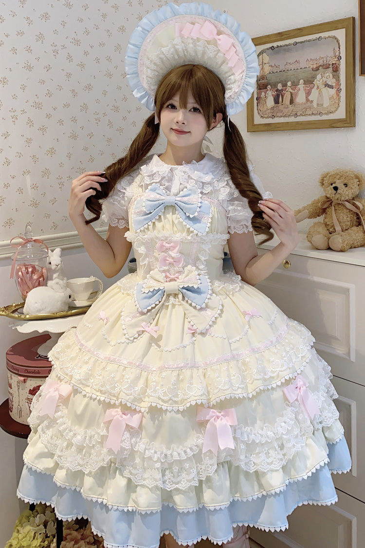Yellow Blue Fondant Cake Sleeveless Layered Ruffle Bow Lace Sweet Jsk Dress