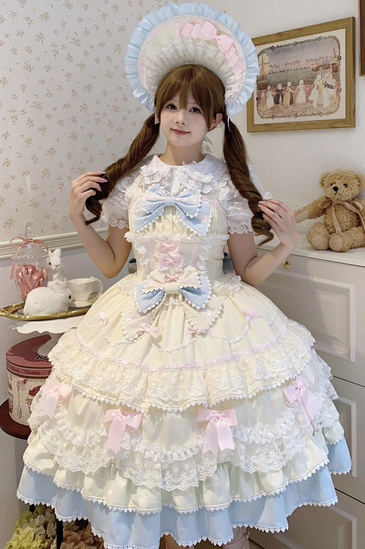 Yellow Blue Fondant Cake Sleeveless Layered Ruffle Bow Lace Sweet Jsk Dress