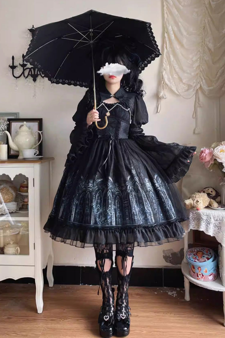Black Sleeveless Silent Night Print Ruffle Gothic Jsk Dress