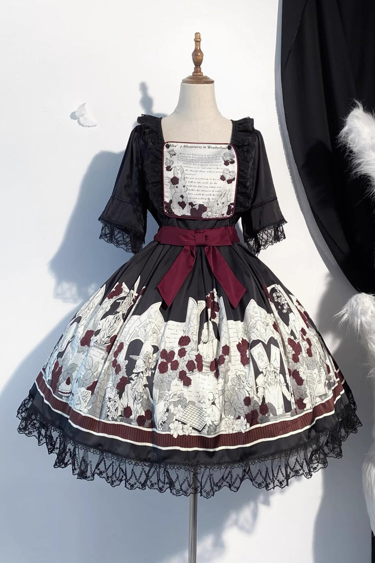 Black Alice of the Asylum Print Bow Lace Gothic Lolita Dress Two Versions
