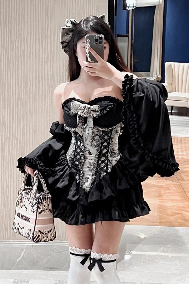 Gentle Treasure Print Ruffle Embroidery Bow Gothic Princess Strapless Dress