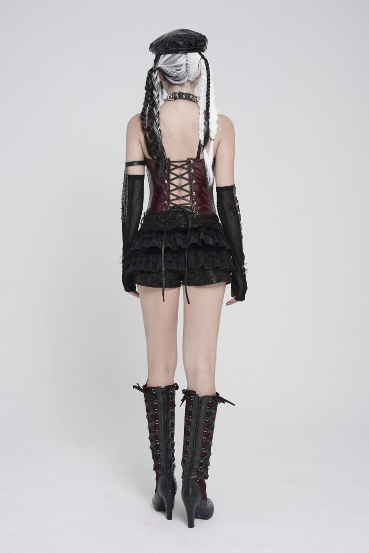 Crimson Studded Punk Corset with Lacing and Zip