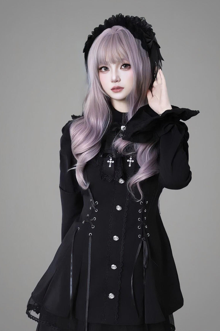 Black Long Trumpet Sleeves Ruffle Gothic Jirai Kei Dress Set - 2 Colors