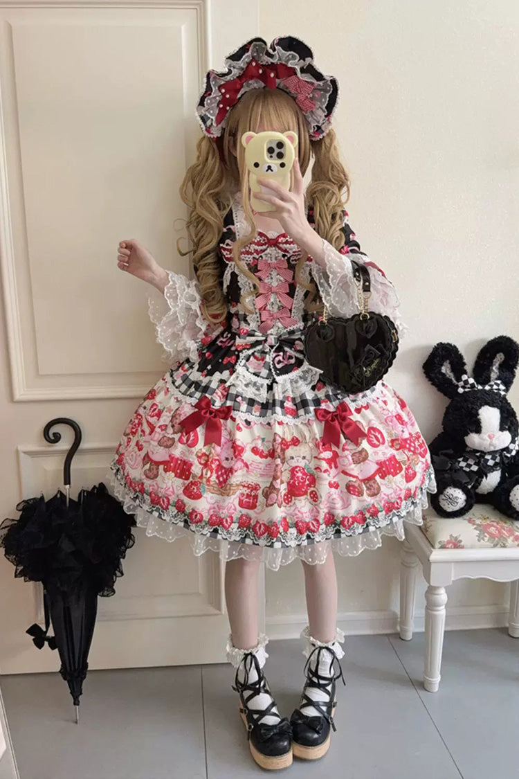 Black/Red Sweet Lolita OP Dress Half Sleeves Bow Lace Lace-Up - Sweet Berry Bunny Bear
