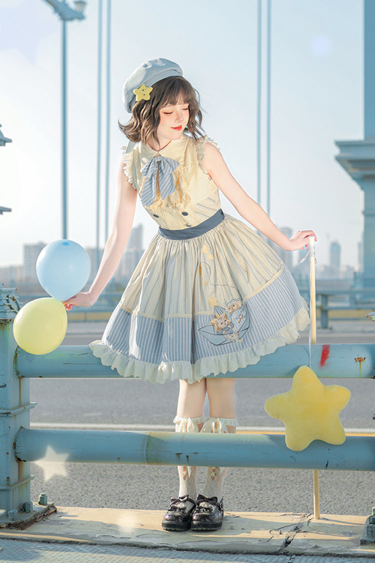 Blue Ivory Star Printed Sleeveless Sweet Lolita Dress - Navy Style