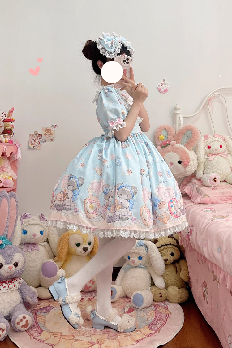 Azure Baked-Bear Print Sweet Dress with Ruffled Sleeves