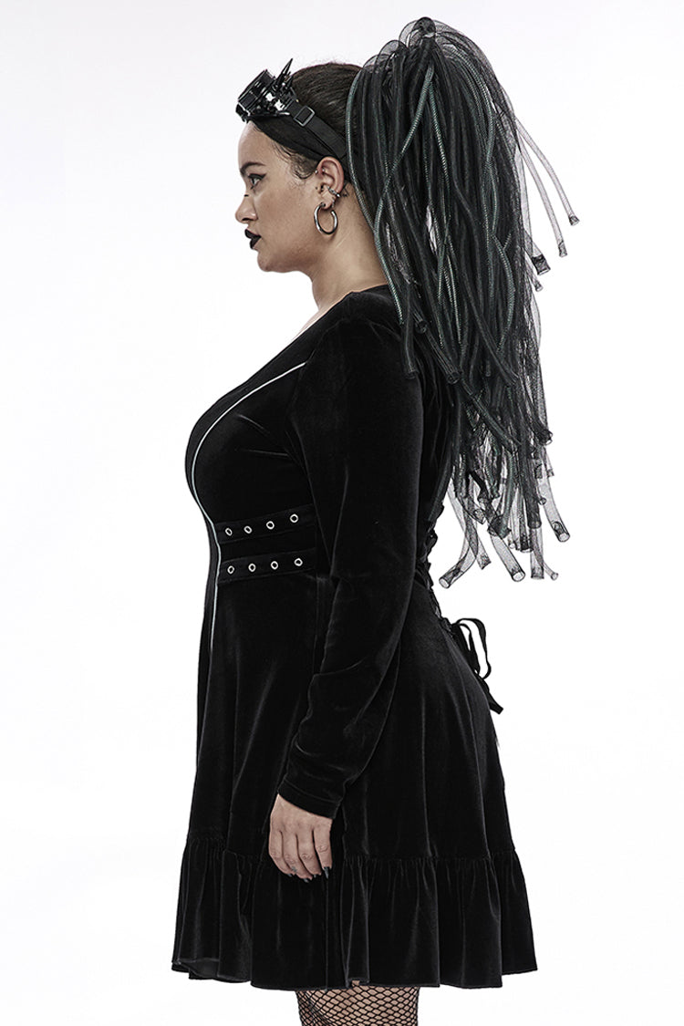 Stretch Velvet Chain Print Webbing Strap Plus Size Gothic Dress