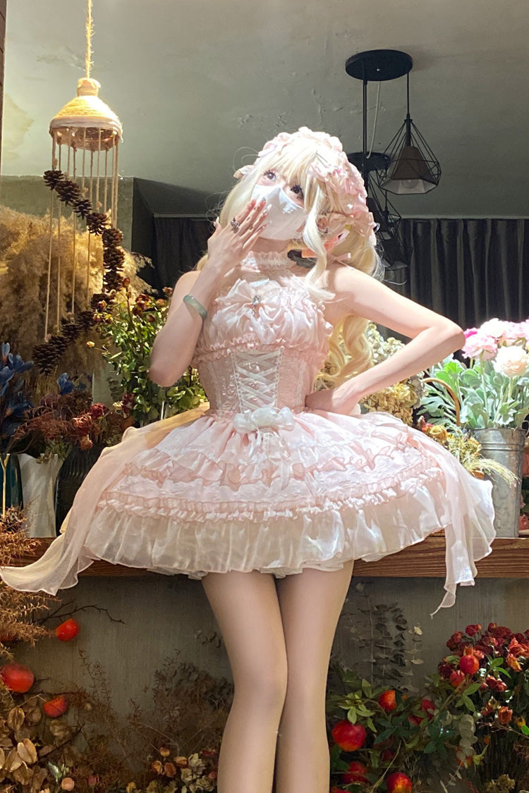 Pink Halter Triple Bow Lace Lolita Jumper Dress