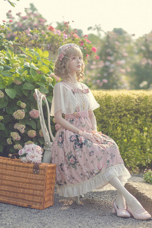 Rose-Printed Square-Collar Ruffled Vintage OP Gown in Pink