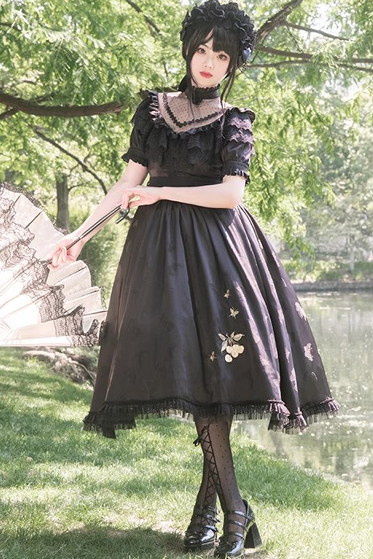 Black Daisy Print Gothic Dress with Cherry Embroidery