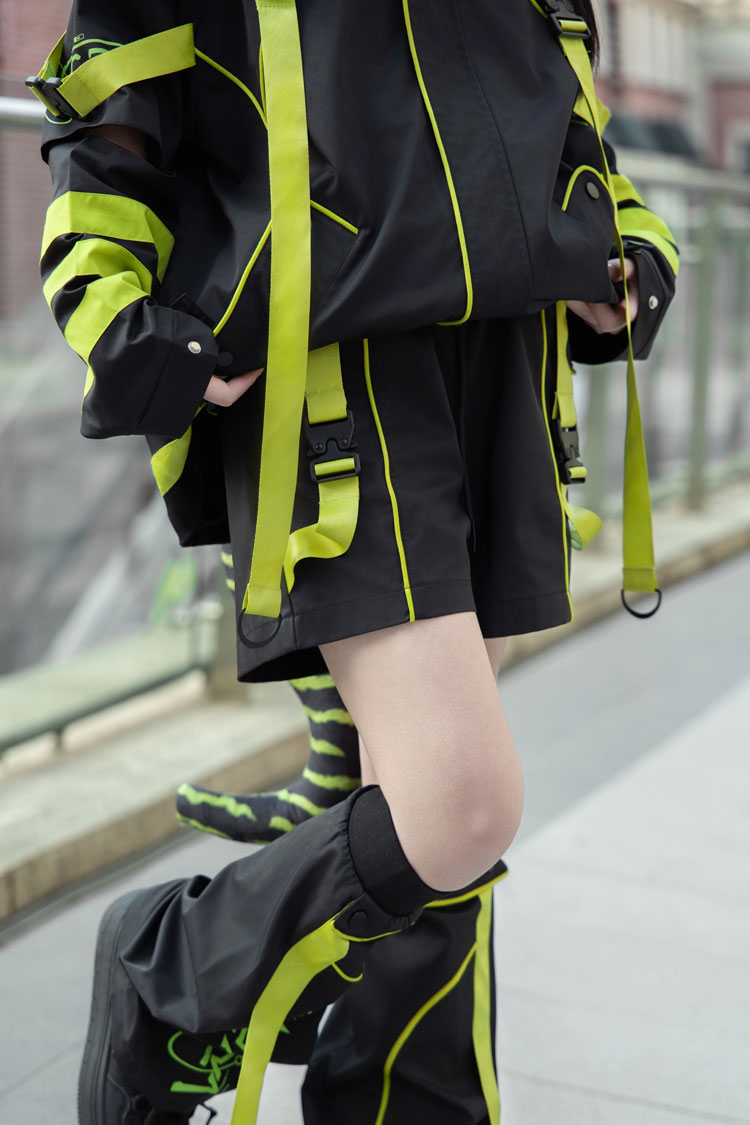 Yellow/Green/Black Long Sleeve Print Cat Ears Hooded Jirai Kei Handsome Jacket