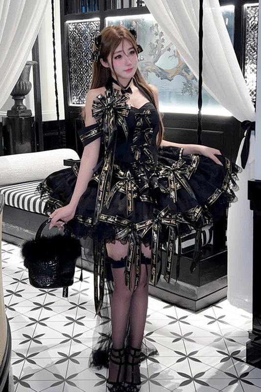Black Halterneck Sleeveless Multi-Layered Ruffle Bow Elegant Gothic Dress
