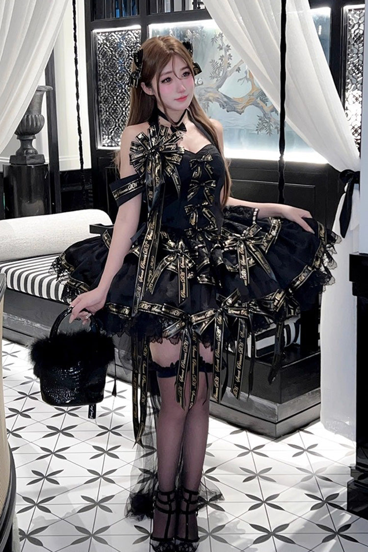 Halterneck Sleeveless Multi-Layered Ruffled Bow Elegant Princess Gothic Dress