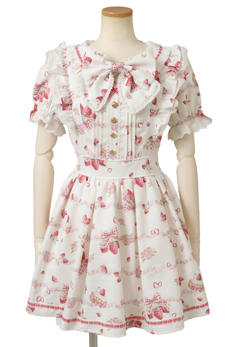 Ivory Sweet Dress with Puff Sleeves and Lace-Up Back - Creamy Berry