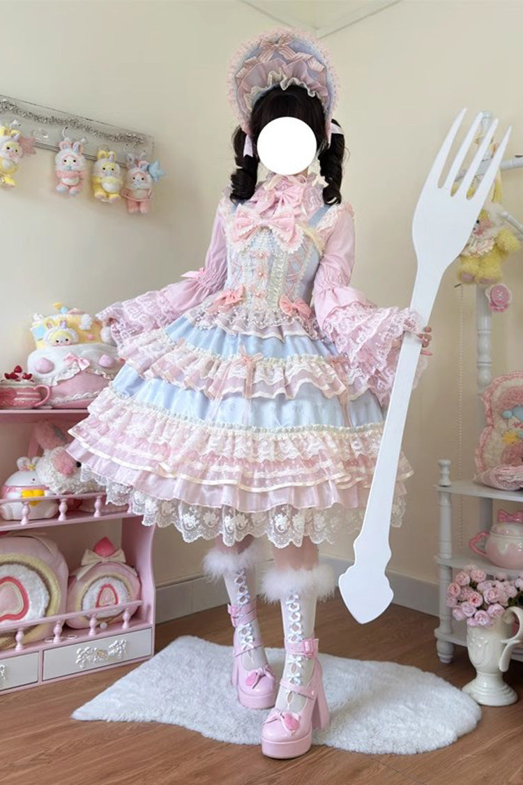 Sweet Lace JSK Dress with Ruffle Bow in Blue