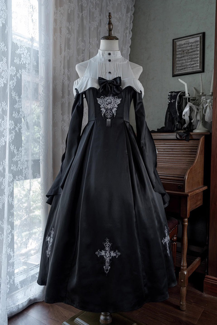 Onyx Stand Collar Off-Shoulder Printed Bow Gown - Cross Nun