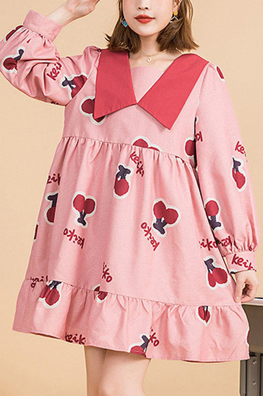 Pink Sweet Lolita Dress with Cherry Print, Lapel Collar and Ruffles - Altfashion Shop