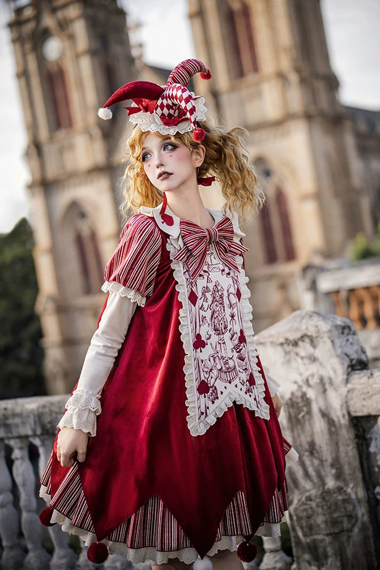 Gothic Lolita Dress Set with Ruffled Bow and Long Sleeves - Red