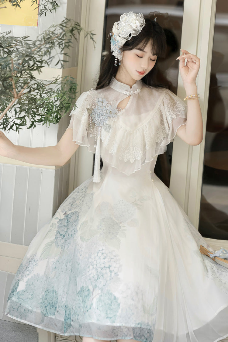 Ivory Print Ruffle Lace Chinese Elegant Short Dress
