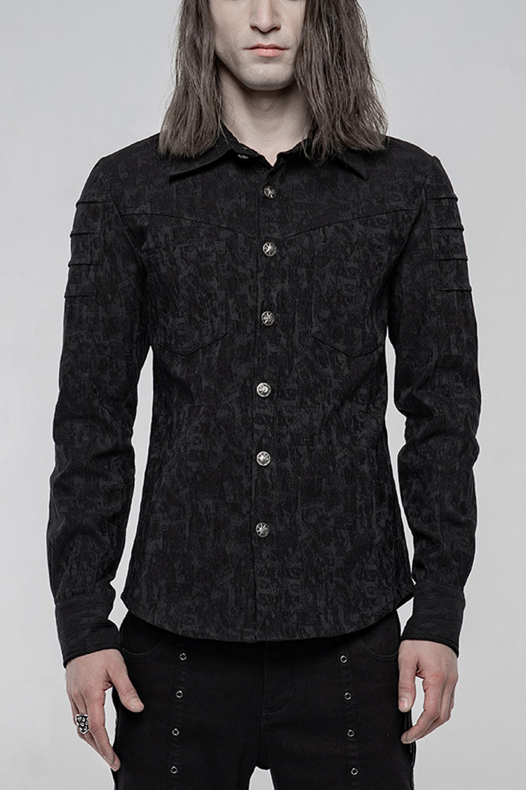 Jet-Black Punk Shirt with Skull Buttons and Jacquard Weave for Men