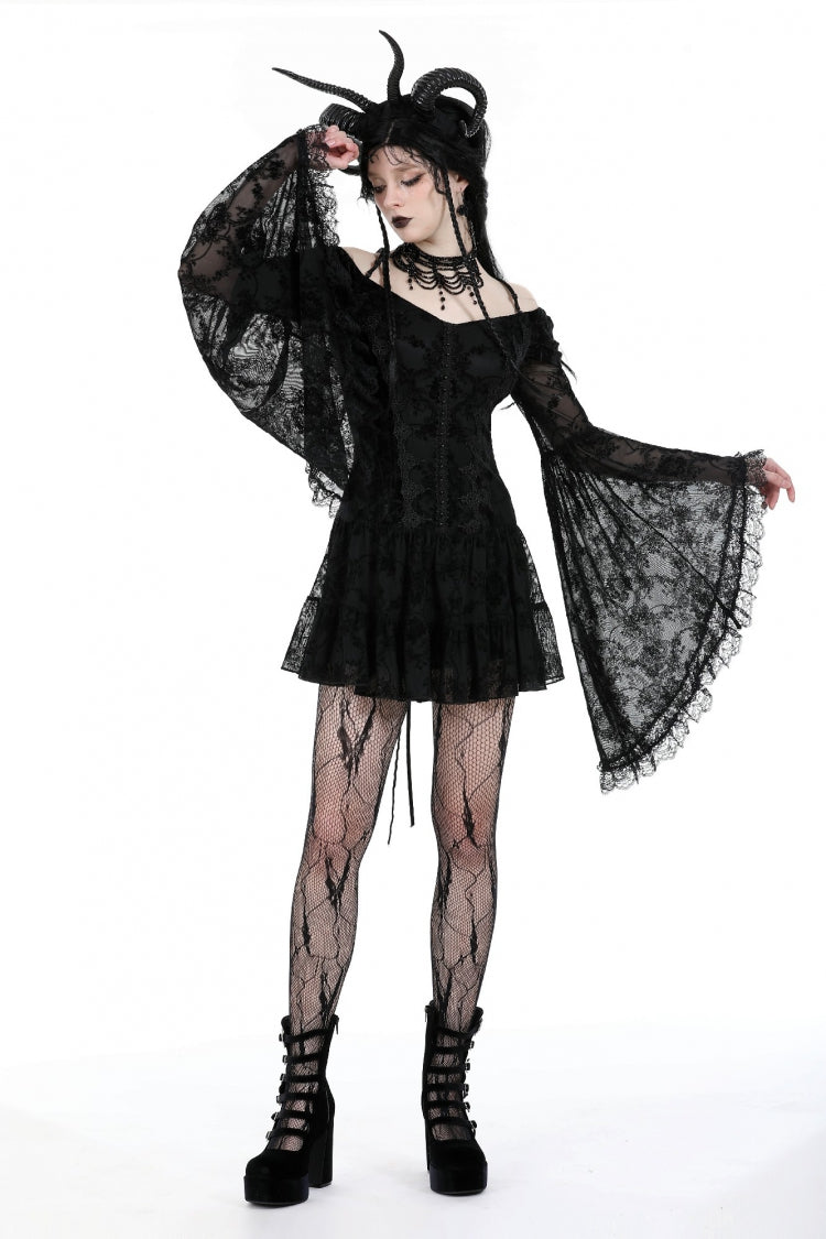 Off Shoulder Long Trumpet Sleeves Velvet Spliced Mesh Gothic Graduation Dress