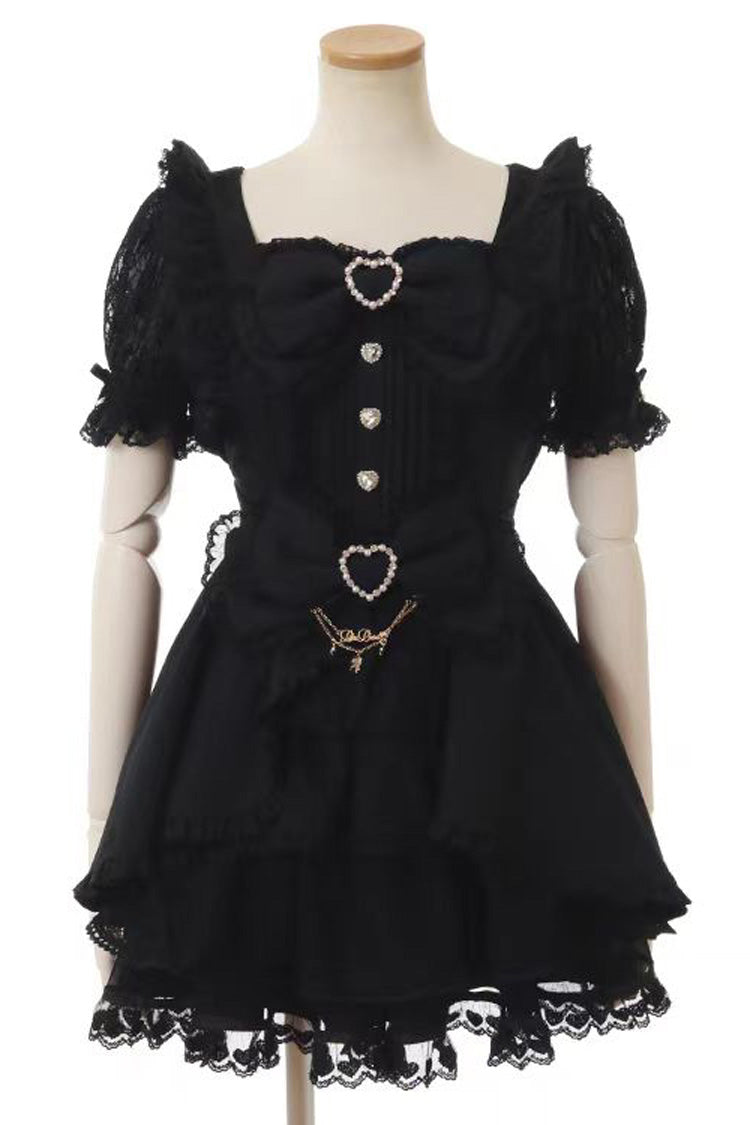 Cute Square-Neck Bow-Trimmed Short-Sleeve Lace Dress Set in Three Colors