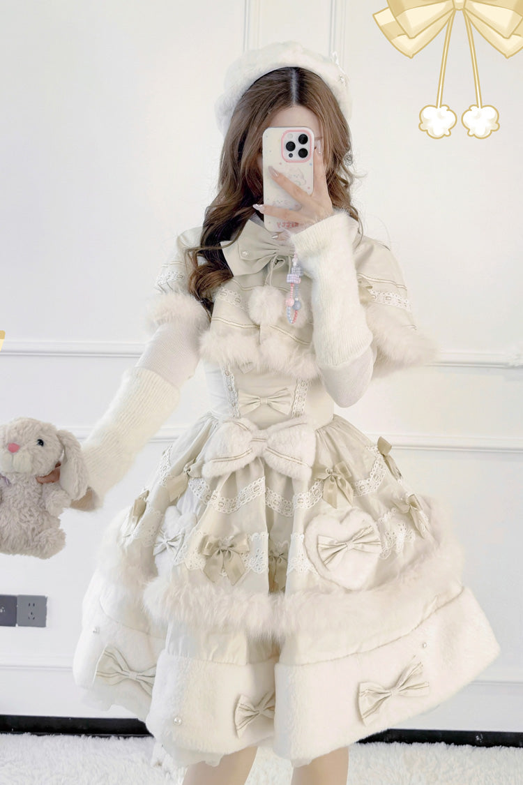 Apricot Princess Tiered Lolita Dress with Double-Layer Bowknot Lace and Cape Detail