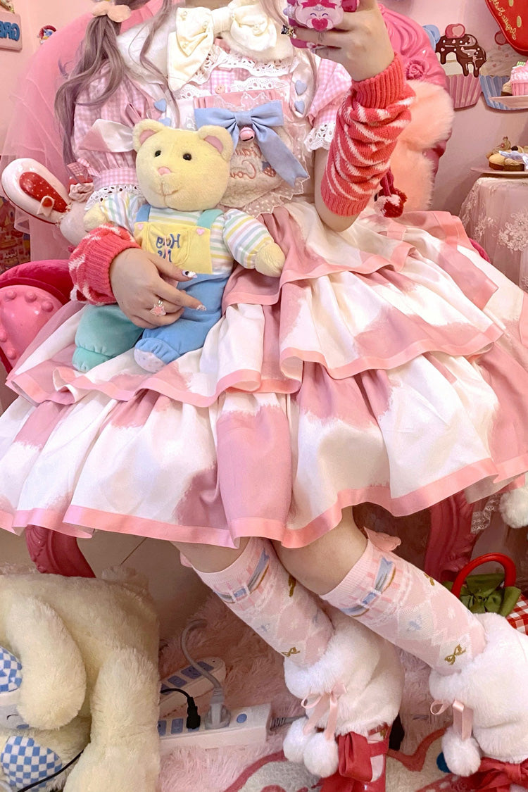 Pink Sleeveless Cow-Print Triple-Layer Ruffle Bow Sweet JSK Dress