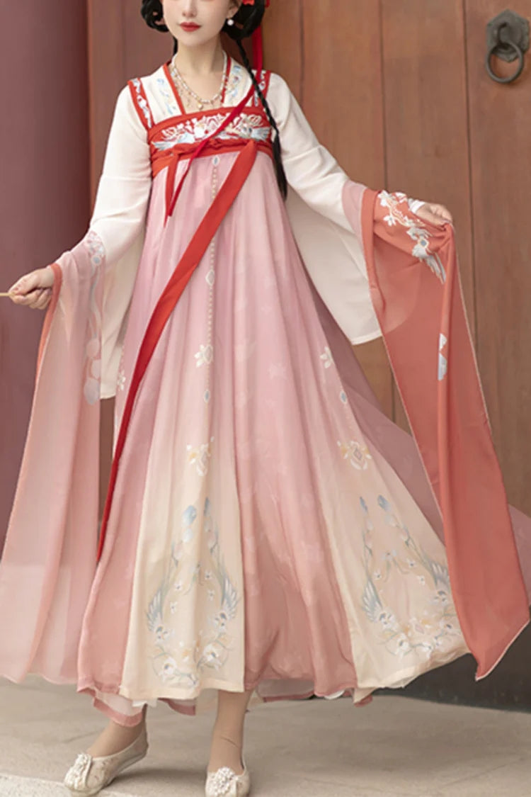 Blush Flared Sleeves High Waist Printed Embroidered Sweet Oriental Hanfu Complete Set