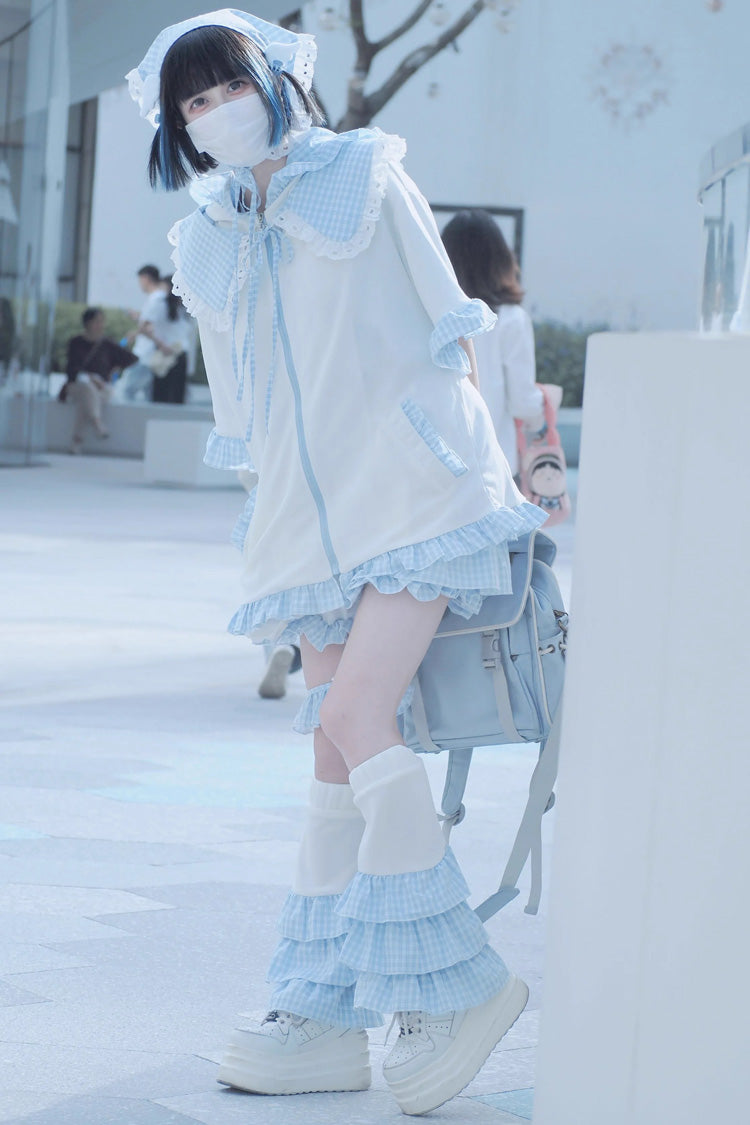 White/Blue Plaid Hooded Half Sleeve Sweet Jirai Kei Coat